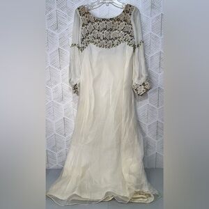 Vtg 60s Empire Waist Maxi Dress White Lace Floral Green Bodice Sheer Sleeve‎